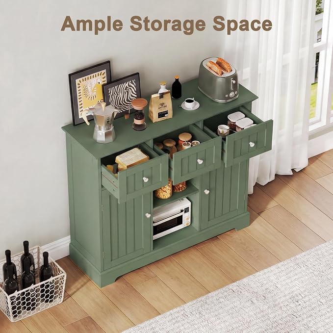 ChooChoo 35.4" Coffee Bar Cabinet with 3 Drawers and 2 Doors, Green | Buffet Cabinet with Adjustable Shelves, Storage Cabinet for Compact Kitchens, Dining rooms and Living rooms