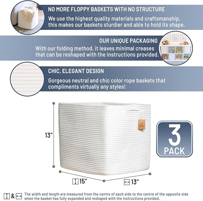 NaturalCozy 13x15x13 Kallax Storage Cubes, 3 Pack | Cotton Rope Cube Storage Bins Woven Baskets for Organizing | Kallax Insert Baskets for Shelves Organizer, Kids Toy, Pantry, Closet, Baby Nursery