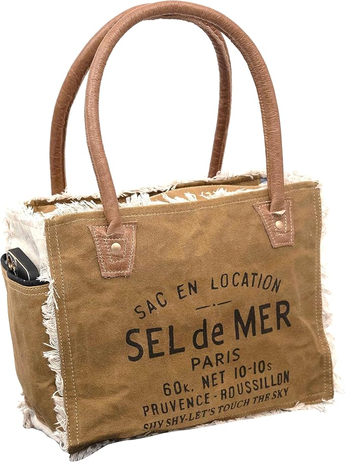 Shy Shy Bags Sel De Mer Canvas & Cowhide Tote Bag - Upcycled Radiant Leather Hand Bag