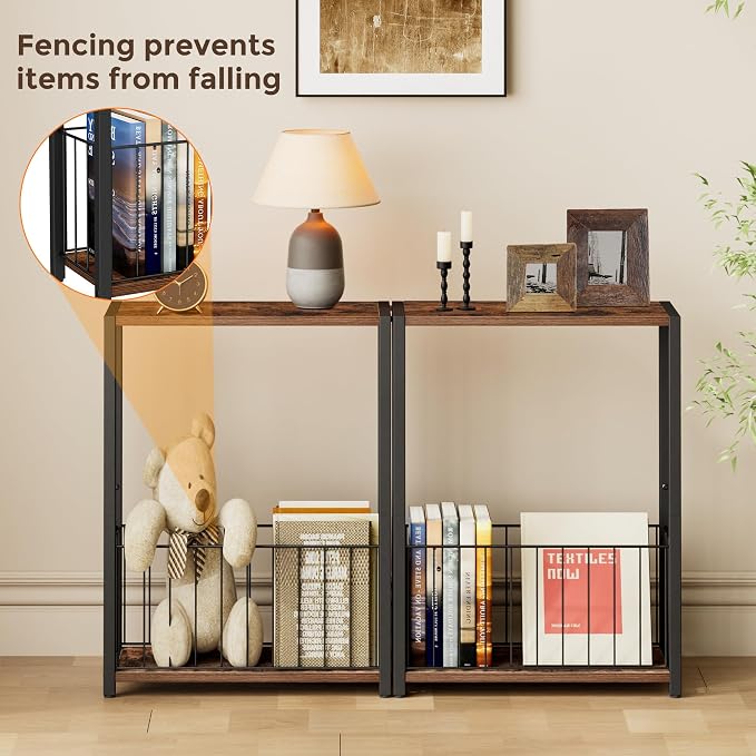Homleke Narrow Side Tables Set of 2 with Magazine Holder, Skinny End Tables | Space-Saving Design, Small Spaces, Storage Shelf, Metal Frame, Easy Assembly, 7.1" D x 16.9" W x 23.6" H, Rustic Brown