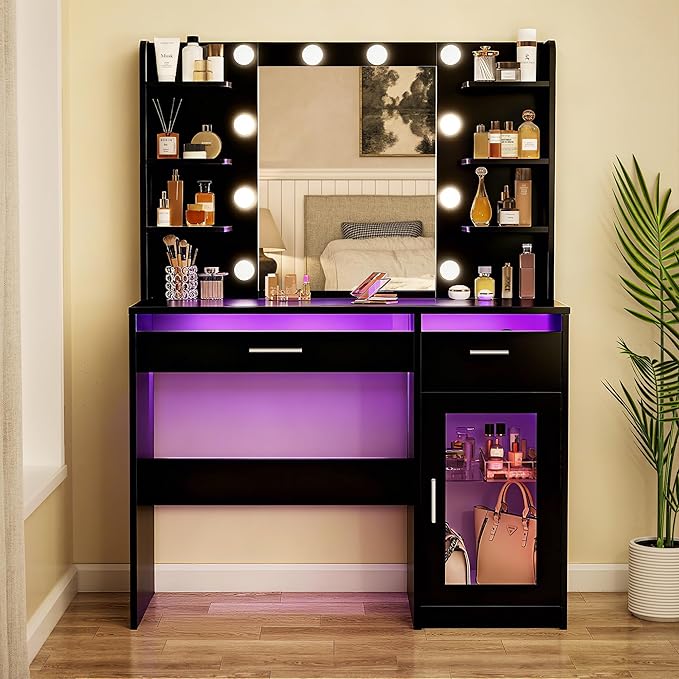 HUAHUU Vanity Desk with Mirror and Lights, Makeup Vanity Desk with Lights 3 Colors, Transparent Top Vanity with 2 RGB Drawers, 6 Shelves, Large Tempered Cabinet, Power Outlet, for Bedroom, Black