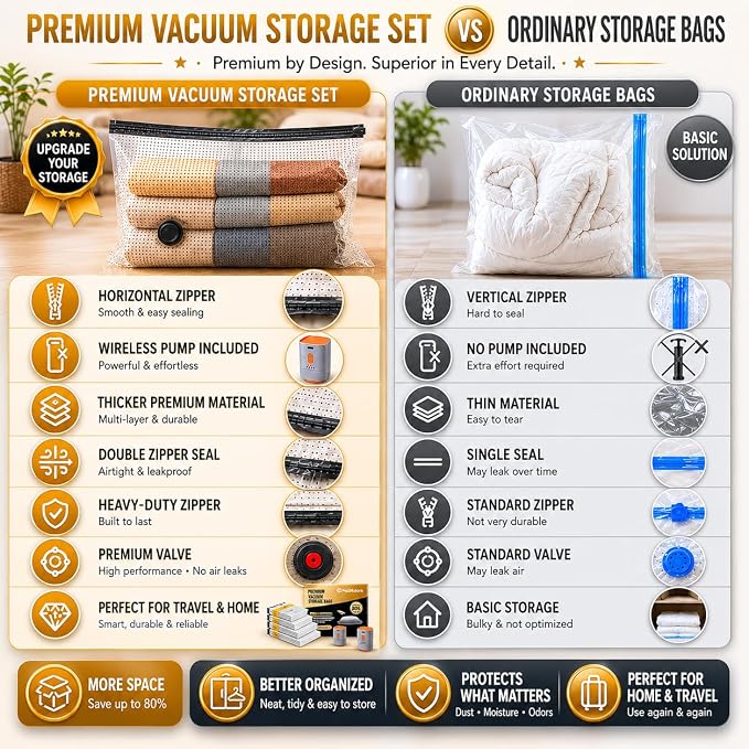 Vacuum Storage Space Saver Bags - 20 Pack Sealed Bags with Pump | Includes a rechargeable 25W pump with 4500Pa+ suction for quick vacuum sealing at home or on trips - airtight & waterproof