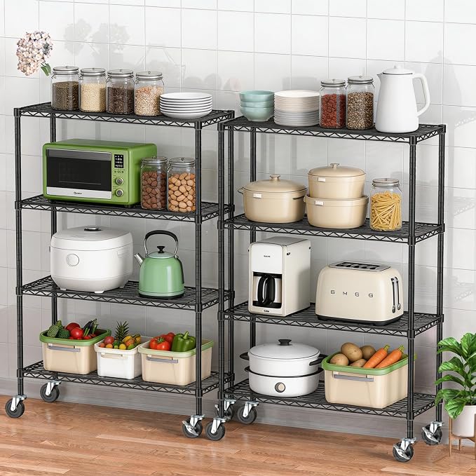 4 Tier Wire Metal Shelving Rack Garage Storage Rolling Shelves with Wheels | Heavy Duty Adjustable Industrial Shelving Steel Wire Organizer Rack for Kitchen Garage Pantry Office Bathroom