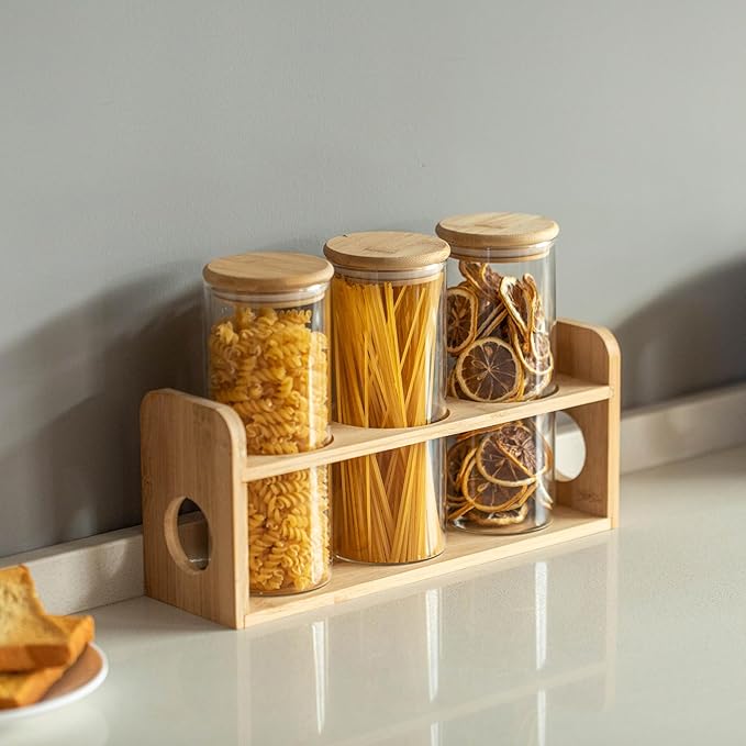 Basicwise 3 Pcs 30oz Glass Jars with Bamboo Shelf for Storing Ground Coffee, Sugar, Beans and Grains, Airtight Canisters for Nuts, Pasta, Flour and Tea Bags - Ideal for Kitchen and Pantry Organization
