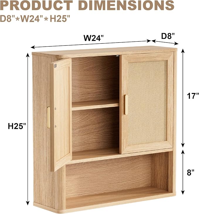 INNOD Rattan Bathroom Wall Cabinet with Open Compartments, Wall-Mounted Medicine Cabinet with Adjustable Wood Shelf & Doors, Over the Toilet Storage Cabinet for Laundry Room & Kitchen & Living Room