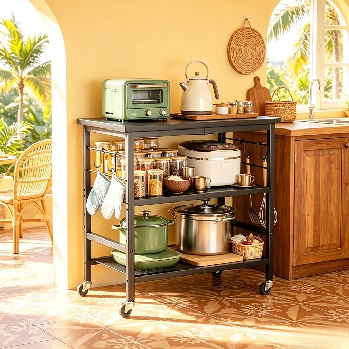 Rolling Kitchen Microwave Cart, 3 Tier Microwave Stand with Wheels, Bathroom Organizers and Storage Shelf, Coffee Bar Table Station, Utility Side Table for Living Room Office (Black)