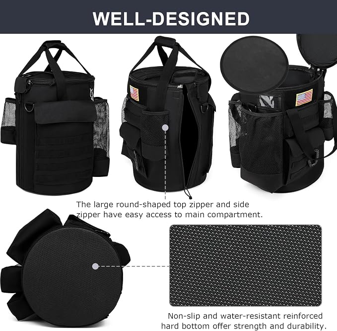 Baseball Bucket Bag 6 Gallon Tactical Softball Coaches Bag with Padded Seat | Baseball Bucket Cover Organizer for Training Equipment, Balls, Bat, Gloves, Scoreboards, with Shoulder Strap