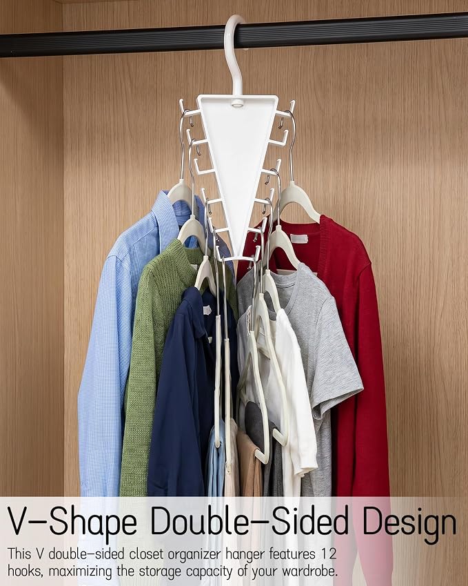 2-Pack V Double-Sided Closet Organizer Hanger with 12 Hooks | 12 Hooks Multi-Layer Vertical Storage Rack | 360° Rotatable Space Saving Hanger Holder for Dorm Rooms and Wardrobe Storage