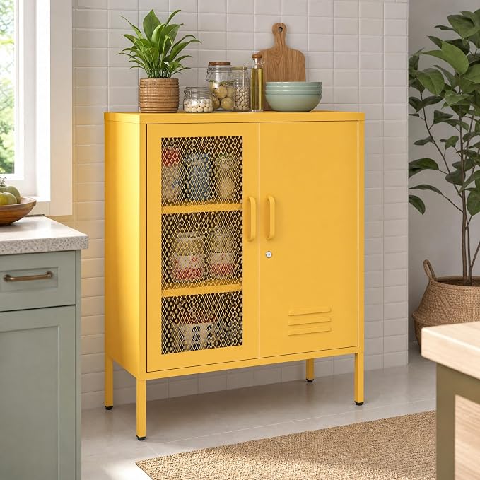 Yellow Lockable Metal Storage Cabinet, Multi-Functional Locker with Adjustable Shelf,Metal Double Door Sideboard for Kitchen Home Office Size：33" H X 29.5" W X 13.8" D