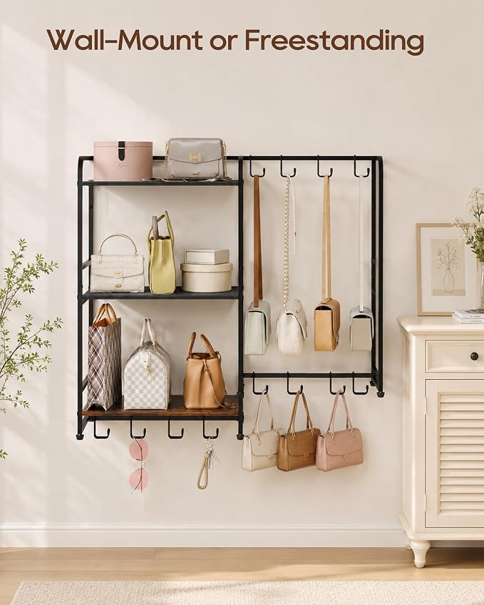 Large Purse Organizer, 3-Tier Purse Rack, Wall Mount or Freestanding | Stores handbags, totes and purses with 12 hooks, Adjustable layout keeps bags visible, freestanding or wall mounted organizer