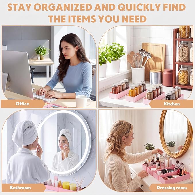 Teling 6 Pcs Pink Plastic Desk Organizer Tray Shallow Drawer Pencil Tray Tabletop Organizer for Office, Home, or Study 9.45x2.95x1.38 Inch