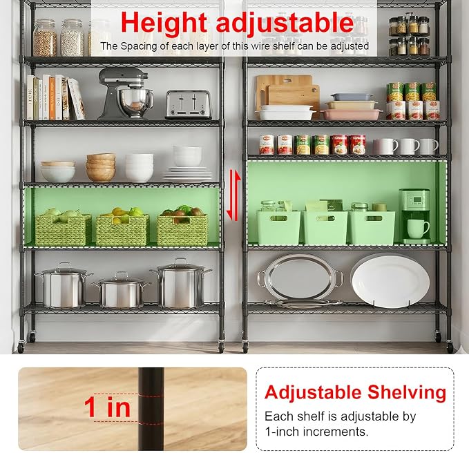 PayLessHere | 6-Tier Wire Shelf with Wheels | 45"x18"x82" | Black | Adjustable Racks | Heavy-Duty Storage Shelves, Holds Upto 510 lbs | Rust-Resistant, No-Tool Assembly | for Home, Garage Shelving