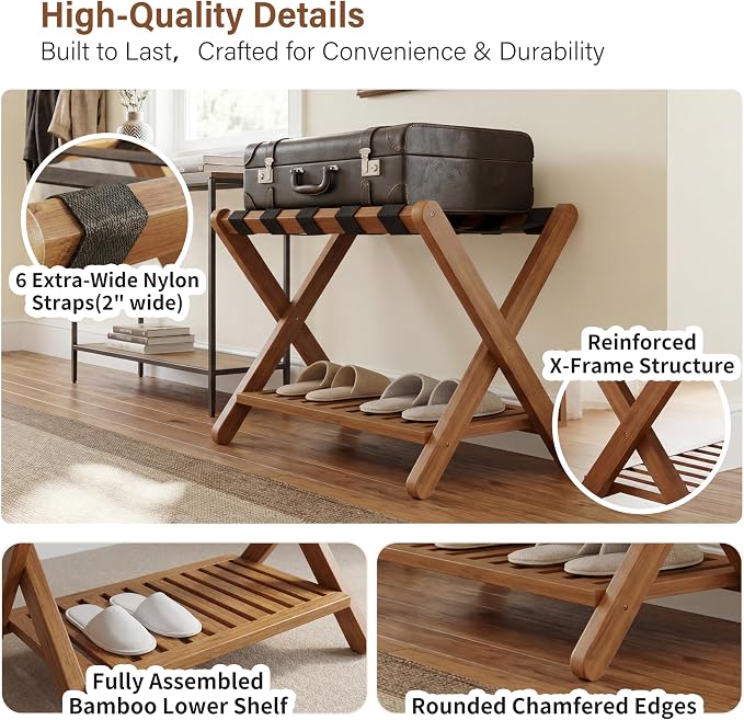 Heybly Luggage Rack for Guest Room,Bamboo Folding Luggage Stand & Suitcase Holder,Suitcase Stand, 5 heavy-duty straps,Holds up to 165 Lbs, Heavy Duty Luggage Rack for Bedroom Hotel, Walnut, HLR013WB1