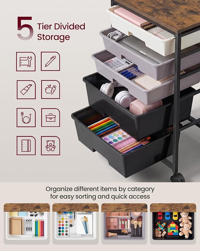 VASAGLE 5-Drawer Rolling Storage Cart, Mobile Organizer Trolley with Wood Top and Metal Frame, for Craft Room, Office, 15.6 x 11.2 x 24.8 inch, Black, BENCO Collection ULRC005B101