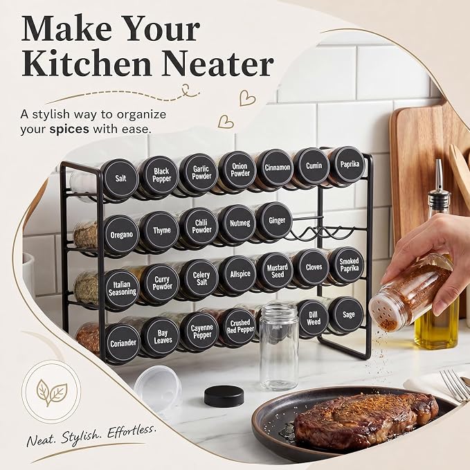 FoldTier Spice Rack Organizer with 28 Spice Glass Jars, 56 Labels, Funnel and Marker Set, Complete Countertop Seasoning Rack Organization for Cabinet, Kitchen Storage, Pantry, Cupboard(Black)