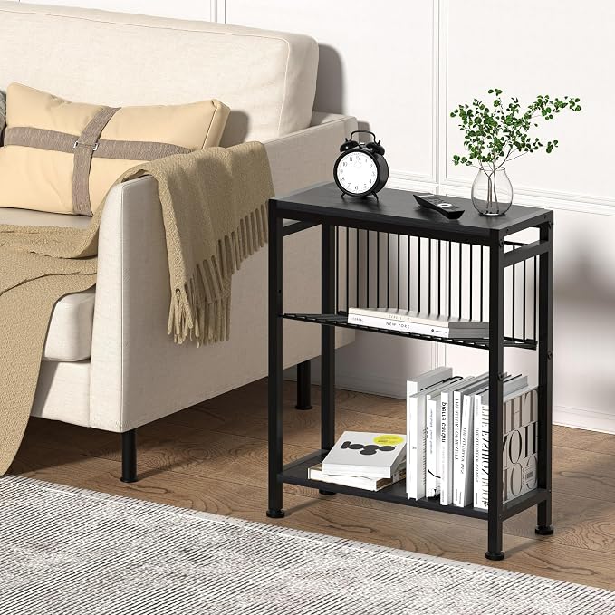 Side Table for Small Spaces, Narrow End Table with Adjustable V-Shaped Magazine Rack, 7.1"D x 17"W x 21.7"H, Black