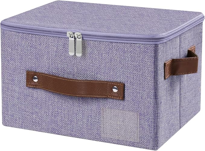 ANMINY Small Fabric Storage Box Bins with Zipper Lid, Washable Purple | Cotton Linen Fabric, PP Board Frame, Label Holder, Stackable & Foldable, PU Handles, Dual-Zipper 3-Side Open Lid