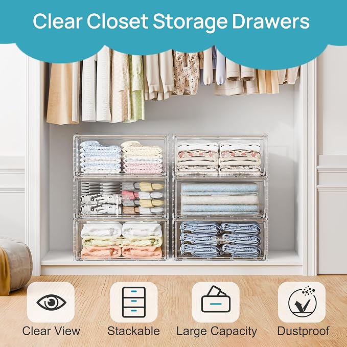Vtopmart 2 Pack Large Clear Stackable Storage Drawers 23QT, Easily Assemble Plastic Closet Storage Bins, Dust-Proof UnderBed Organizer for Clothing, Sweater Organization