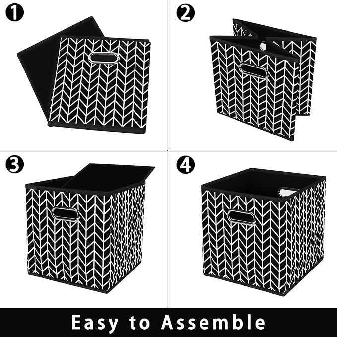 Fabric storage bins Cubes, Fabric Cube Organizer with Handle, Foldable Cube Bins for Cloth or Accessary Storage, 11x11x11, Set of 6, (Black Leaf)