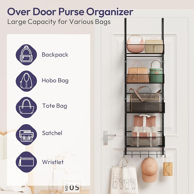 SWTYMIKI Over the Door Purse Organizer - Wall Mounted Purse Rack with 4 Adjustable Metal Basket and 6 Hooks, Hanging Bag Rack for Handbag Organizer, Bag Storage Can Use As 1/2 Part, for Door