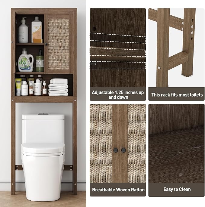 knoworld Rattan Over The Toilet Storage Cabinet, Above Toilet Bathroom Organizer with Adjustable Shelf, Behind Toilet Cabinet, Space Saver for Restroom, Bathroom, Laundry, Caramel Oak