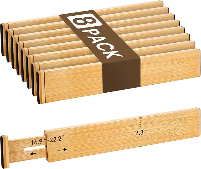 Bamboo Drawer Divider Set of 8, Adjustable Spring-Loaded Drawer Organizer (16.9"-22.2"), 2.3" Height, Suitable for Kitchen, Desk, Bathroom, Clothing, and Miscellaneous Drawer Organization, Natural