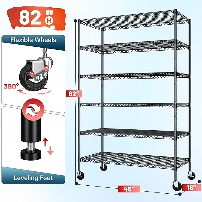 Romorgniz 82" H X45 W X18 D Storage Shelves with Wheels, 6 Tier Wire Shelving Adjustable Metal Shelving Pantry Shelves Capacity 1200LBS for Garage, Pantry, Kitchen, Closet,Black,3P