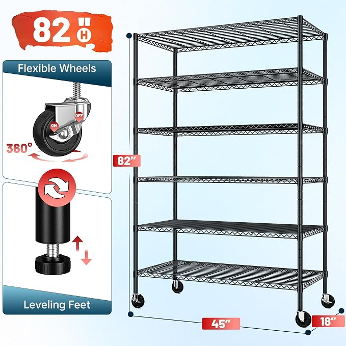 Romorgniz 82" H X45 W X18 D Storage Shelves with Wheels, 6 Tier Wire Shelving Adjustable Metal Shelving Pantry Shelves Capacity 1200LBS for Garage, Pantry, Kitchen, Closet, Black,2P