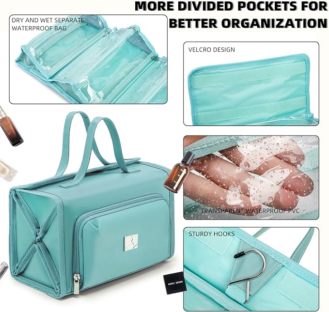 ROYALFAIR Roll Up Makeup Bag, Waterproof Toiletry Bag for Women, Hanging Travel Organizer with Jewelry Organizer Compartment, Extra Large 4 Clear TSA Approved (light blue)