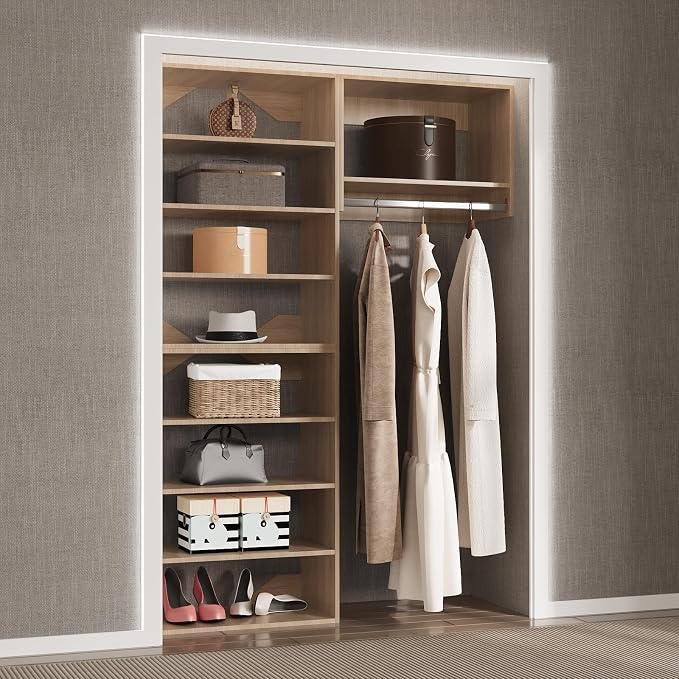 Modular Closet System, 46" Wide Closet Organizer System with Towers and Hanging, Wood Closet Tower Storage for Walk In Closets, Wall Mounted Wardrobe Organizer Kit System, Bedroom, Wood