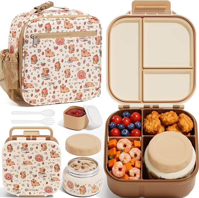 Fimibuke Kids Bento Lunch Box w/ 8.5oz Thermo Food Jar, Insulated Lunch Bag | Leak Proof 3-4 Compartments 60oz Toddler Lunch Food Container with Utensils, Sauce Cup for School Boys Girls, Dishwasher Safe