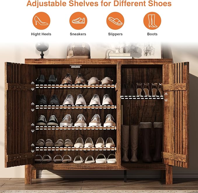 UNIQUITE Shoe Storage Cabinet with 3 Shutter Doors, 30 Pairs Shoe Cabinet with Adjustable Shelves, 5-Tier Large Shoe Rack Organizer for Entryway Hallway Living Room, Walnut