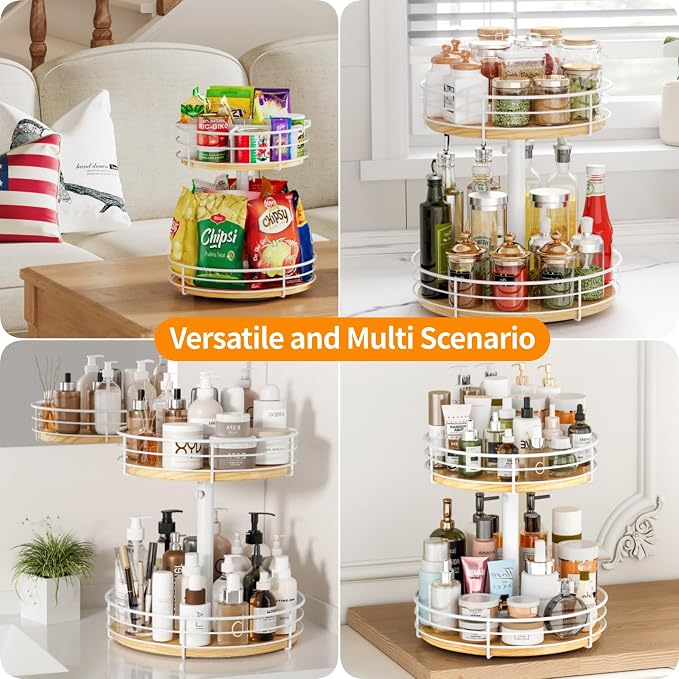 Snack Organizer 2 Tier Lazy Susan Storage Holder, White | Adjustable Height, 360° Rotation, For Countertop Office Home Breakroom