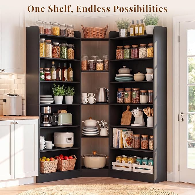 Unikito 71.3" Tall L-Shaped Corner Bookshelf, 7-Tier Bookcase, Black | Asymmetric etagere bookcase with baffle, freestanding storage organizer display shelf stand for home office, living room.