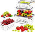 Fruit storage containers for fridge, with detachable drainer basket and airtight seal, stackable produce organizer, prolongs freshness of berries, greens, meats