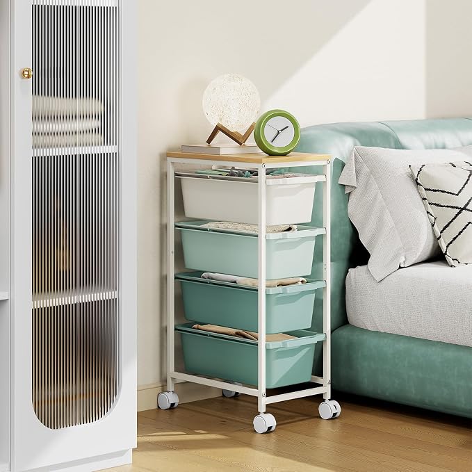 Slim Rolling Storage Cart with 4 Drawers, Craft Organizer, Wooden Tabletop Utility Cart for Bedroom, Children's Room and Office Organization, Table Side Trolley with Lockable Wheels, Green