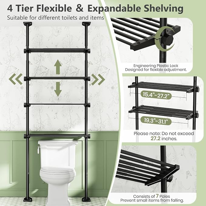 Bonpally Over The Toilet Storage Shelf, 4-Tier Adjustable Bathroom Organizer, No Drill Tension Mounted Shelves, Space-Saving Bathroom Cabinet Rack Above Toilet for Small Rooms, Black