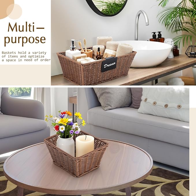 Marsui 6 Pcs Wicker Storage Baskets for Pantry Organization with Labels Handwoven Multi-size Brown Wicker Storage Bins for Organizing Small Baskets Container for Shelves Closet Toilet