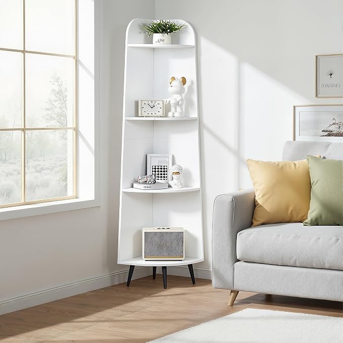 VECELO 4-Tier Curved Corner Shelf, 66.93" Tall Freestanding Corner Bookshelf, Narrow Vertical Corner Display Rack with 17.32" Spacious Open Tiers for Bedroom Living Room Small Spaces, White
