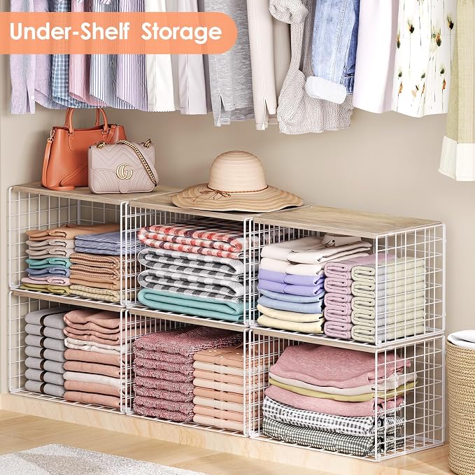 5 Pack Extra-Long Closet Organizers and Storage with Ajustable Shelf, Stackable Closet Shelf Organizer, Double Storage Design Clothes Storage Cube/Bin Organizer for Wardrobe, Space-Saving, White