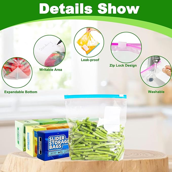70 Pcs Food Storage Freezer Bags, Zip Lock Bags, Reusable Ziplock Sandwich Bag with Expandable Bottom, Heavy Duty Zip Seal Food Bag for Fruits, Vegetables, Meat, Grains, Snacks