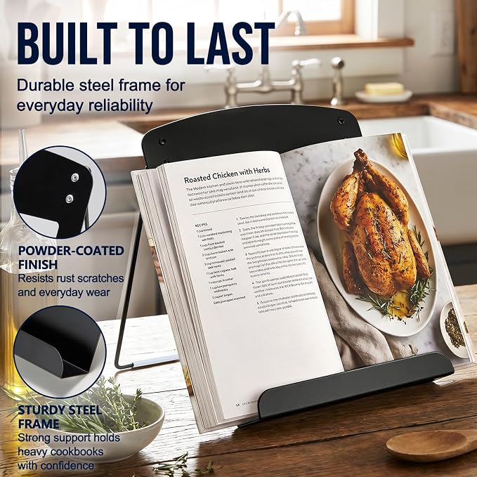 Cookbook Stand for Kitchen Counter,Metal Recipe Book Holder with Hooks,Foldable Reading Rack for Textbooks,Tablets and Magazines,Space Saving Carbon Steel Stand with Non Slip Pads,Black