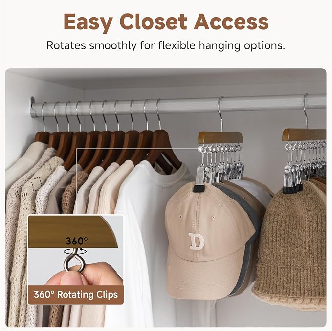 StorageWorks Hat Organizer 4 Pack, Walnut Cap Hanger Rack with 10 Clips
