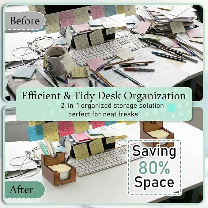 Crtiin 2 Pack Wood Sticky Note Holder, Walnut Color 2-in-1 Pen and Sticky Note Dispenser with 200 Sheets 3x3" Sticky-Notes, Elegant Desk Organizer for Office Home School Dorm Room