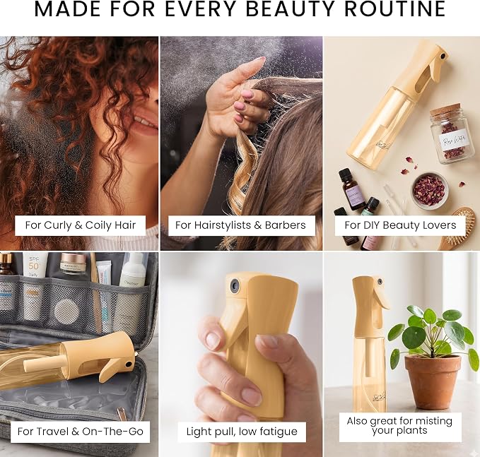 Continuous Spray Bottle for Hair – Slim Design - Fine Mist Water Sprayer for Hairstyling, Curly Hair – Refillable Mister Bottle with 360 Spray – Travel Size Hair Water Bottle