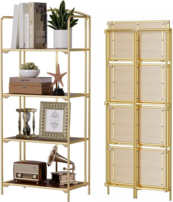 Crofy 4-Tier Foldable Bookshelf, Gold Frame & Walnut Shelves | No-Assembly Collapsible Portable Storage Organizer; Sturdy Walnut Finish Shelves; Ideal for Living Room & Home Office