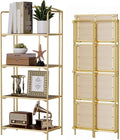 Crofy 4-Tier Foldable Bookshelf, Gold Frame & Walnut Shelves | No-Assembly Collapsible Portable Storage Organizer; Sturdy Walnut Finish Shelves; Ideal for Living Room & Home Office