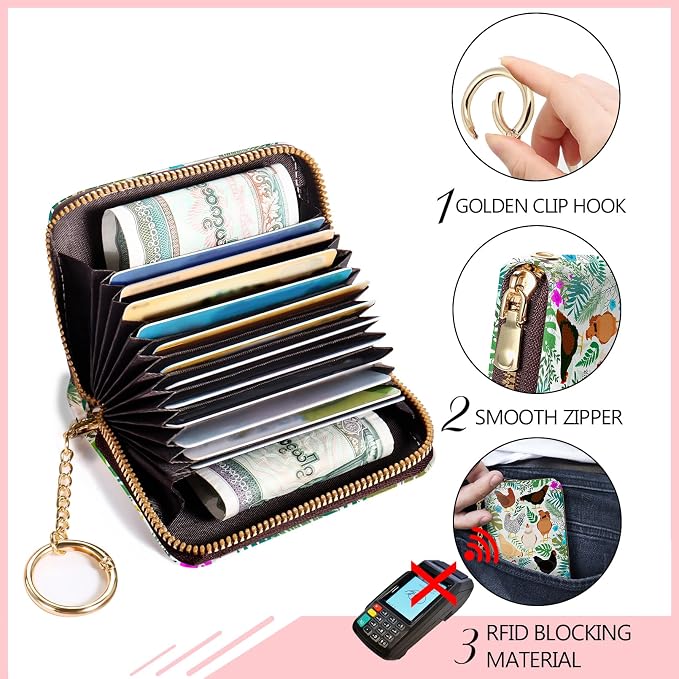 Blusabaca Women's RFID Wallet, Chicken Small, Leather, Waterproof, RFID-Blocking, 12 Card Slots, 2 Coins | Removable Keychain, Case with Zipper, Vegan PU Leather, Cash Coin Pocket, Business Accordion Purse, Ladies Female Gift