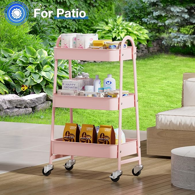 OLIXIS Metal Utility Cart, Mobile Rolling Storage Shelf with Lockable Caster Wheels, Organization for Livingroom, Bathroom & Narrow Places, 3 Tiers Pink