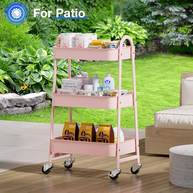 DUMOS 3 Tiers Rolling Cart, Utility Cart, Metal, Pink | Mobile Storage, Lockable Wheels, Utility Shelving Unit, Kitchen, Bathroom, Laundry, Narrow Places